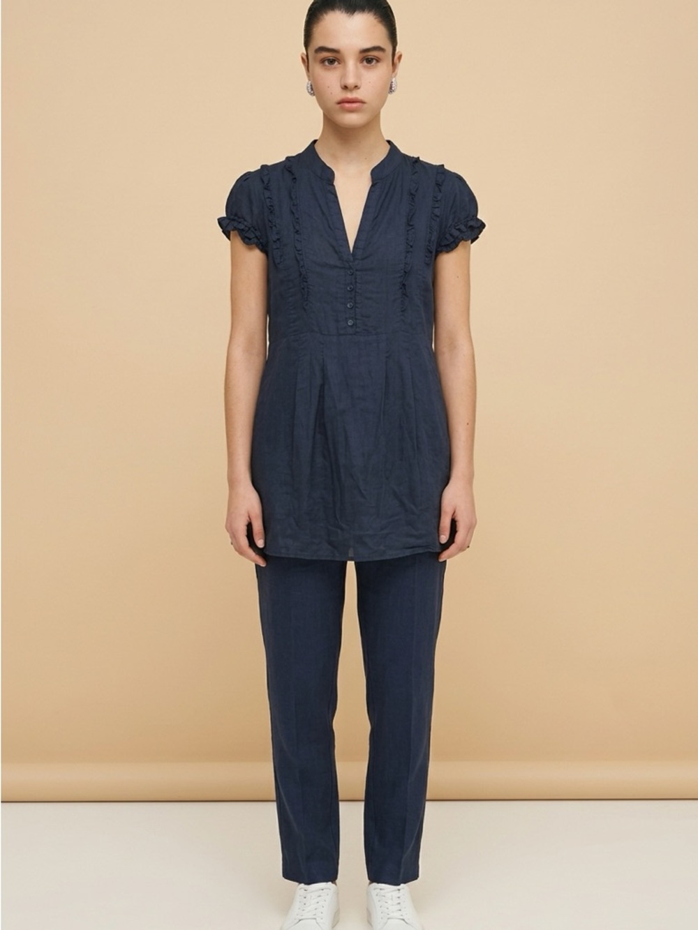 118. 30% SILK Heritage 1981 Navy Button-Front Tunic with Ruffle Detail